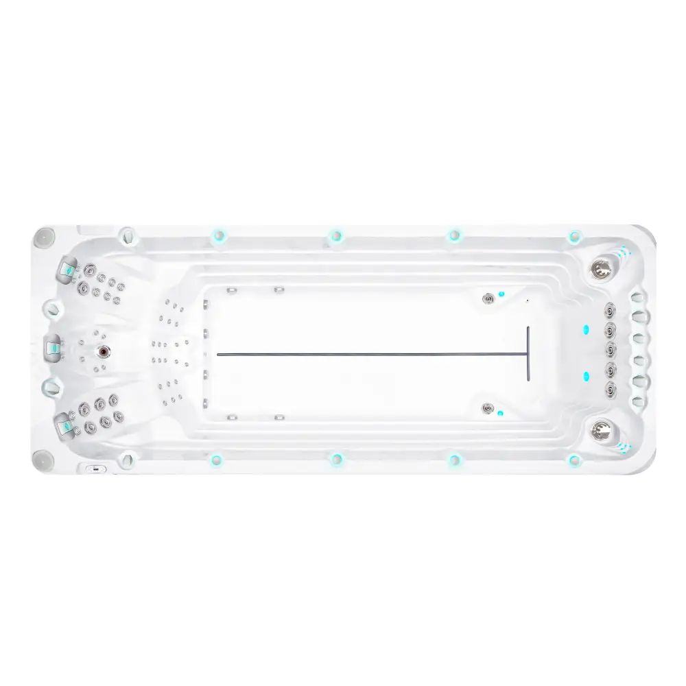 Vit PassionSpa Activity 2 Deep Swim Spa med vit rektangulär form, turkosa accenter och silverjets